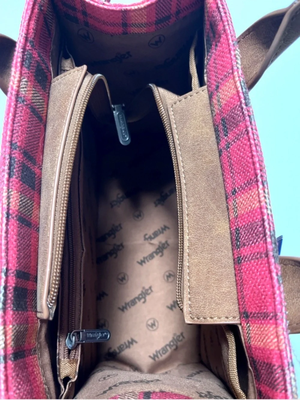 NWT Wrangler Pink Plaid Tote Crossbody Bag Canvas PU Guitar Strap Western Tartan